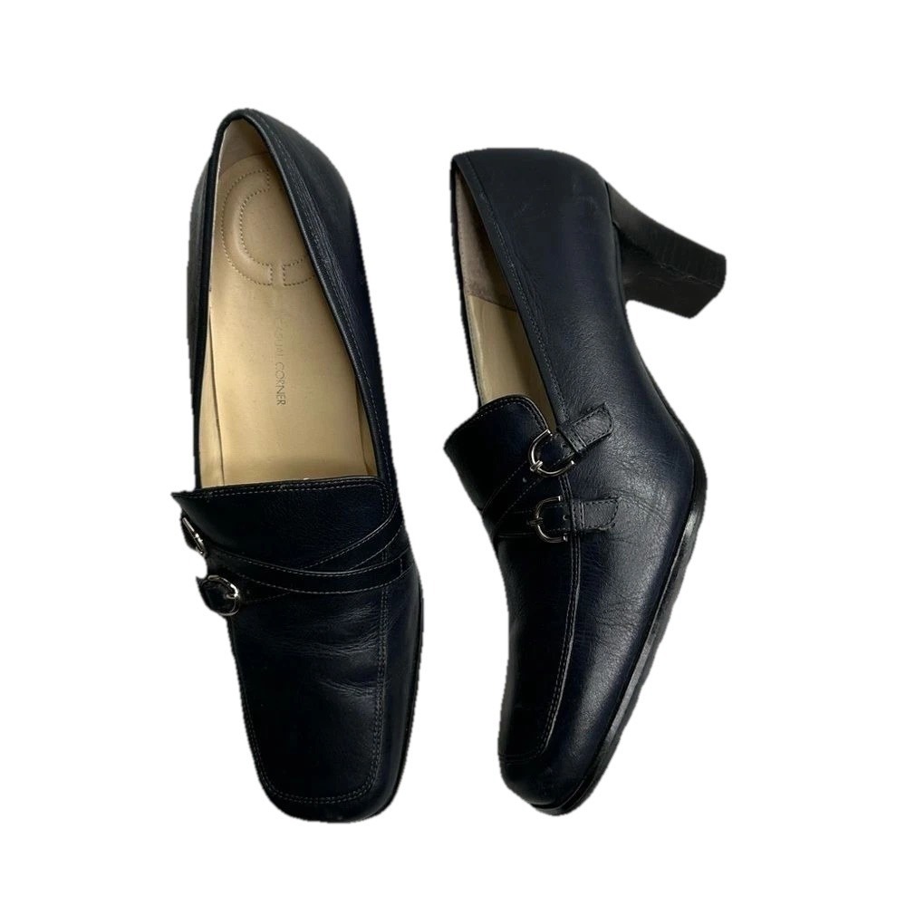 Casual‎ Corner Navy Blue Leather Heeled Loafers Double Monk Strap Block Heel 8M